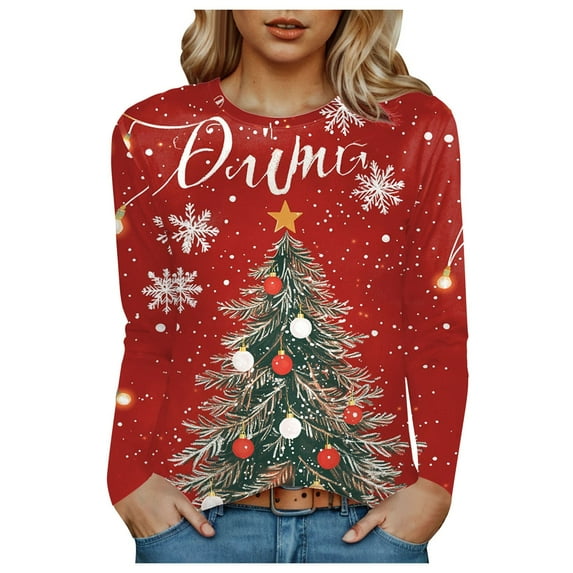 Towmus Womens Tops Long Sleeve Fall Women's Casual Print Sweatshirts Thermal Crewneck Long Sleeve T-Shirts Loose Fitting