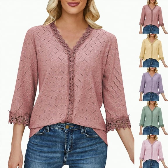 Towmus Womens-Tops-Plus-Size Dressy Lace Trim V Neck 3/4 Length Sleeve Shirts Trendy Dot Eyelet Blouses Casual Loose Tunics, Pink, L