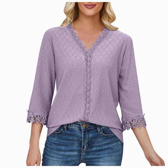 Towmus Womens-Tops-Plus-Size Dressy Lace Trim V Neck 3/4 Length Sleeve Shirts Trendy Dot Eyelet Blouses Casual Loose Tunics, Purple, S