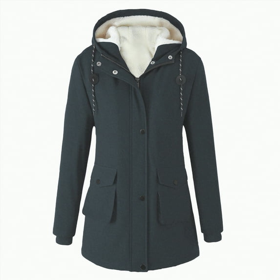 Towmus Womens Winter Coats Plus Size Fleece Jackets Solid Color Horn Buttons Overcoats Warm Plush Hooded Jackets Outwear with Pocekts