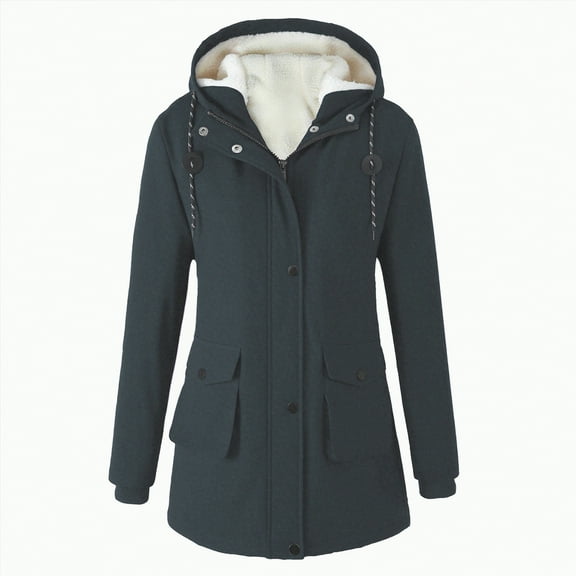 Towmus Womens Winter Coats Plus Size Fleece Jackets Solid Color Horn Buttons Overcoats Warm Plush Hooded Jackets Outwear with Pocekts