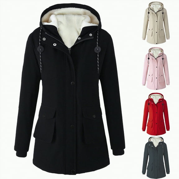Towmus Womens Winter Coats Plus Size Fleece Jackets Solid Color Horn Buttons Overcoats Warm Plush Hooded Jackets Outwear with Pocekts