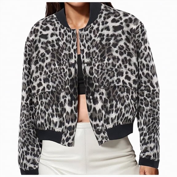 Towmus Womens Zip Up Jacket Lightweight Leopard Printed Cropped Bomber Jacket Full Zip Cropped Coat Trendy Long Sleeve with Pockets