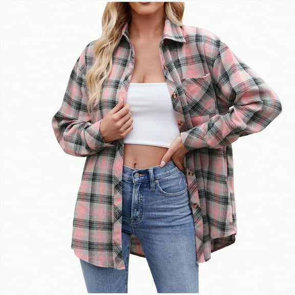 Towmus Womens and Girls Long Sleeve Flannel Shirt Plus Size Plaid Shirts Casual Lapel Button Down Blouse Tops