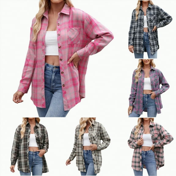 Towmus Womens and Girls Long Sleeve Flannel Shirt Plus Size Plaid Shirts Casual Lapel Button Down Blouse Tops