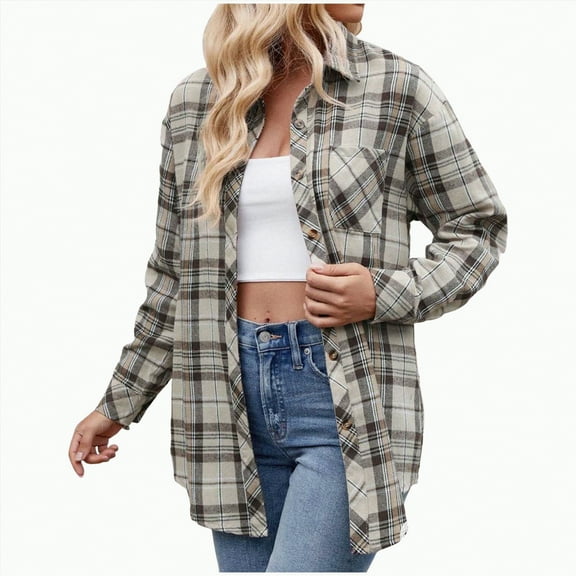Towmus Womens and Girls Long Sleeve Flannel Shirt Plus Size Plaid Shirts Casual Lapel Button Down Blouse Tops