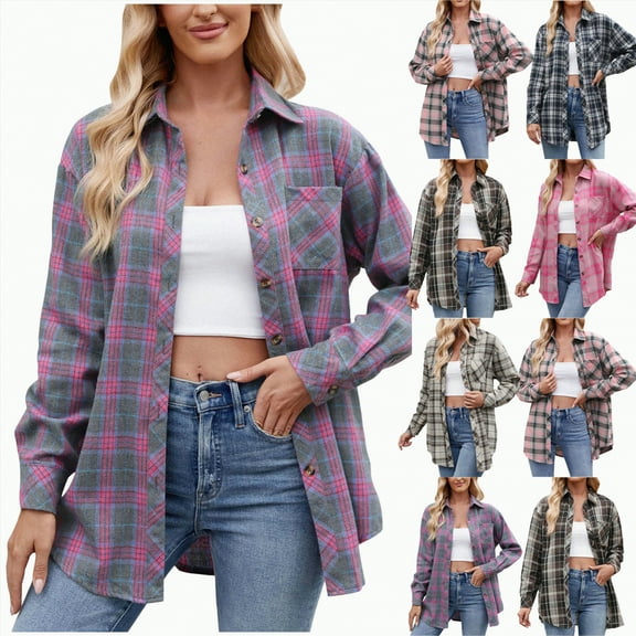 Towmus Womens and Girls Long Sleeve Flannel Shirt Plus Size Plaid Shirts Casual Lapel Button Down Blouse Tops