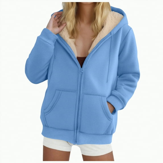 Towmus Zip up Hoodies for Women Oversized Solid Color Hood Sweatshirt Warm Winter Coats with Pockets S-3XL