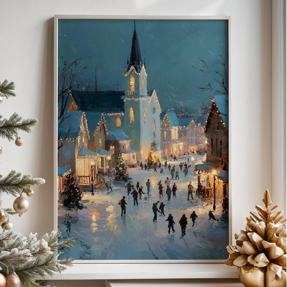 Town Art Poster – Winter Village, Festive Wall Decor, Cozyposter, Unframed Poster Size 16x24