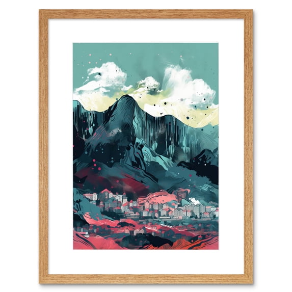 Town Below Tall Mountain Cliffs Coral and Teal Artwork Framed Wall Art Print 9X7 Inch