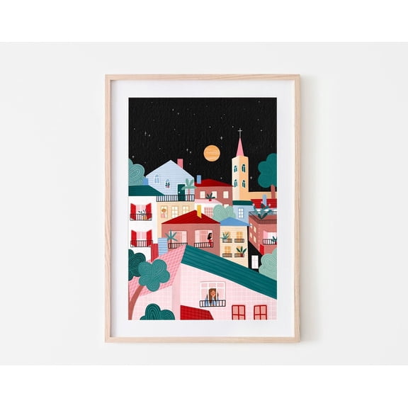 Town By Night, Colourful Art Print, Vibrant Wall Decor, City Boho Wall Art, Location Poster Wall Art, Modern Wall Decor, 8x12 UNFRAMED