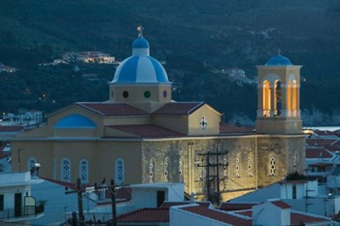 Town Church Kokkari Samos Aegean Islands Greece Canvas Art - Walter Bibikow DanitaDelimont (28 x 19)