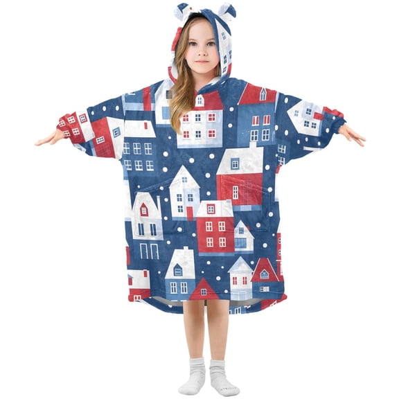 Town Colorful Houses Flannel Wearable Blankets Hooded Design Long Sleeves Wrap Unisex for 3T-14Y S