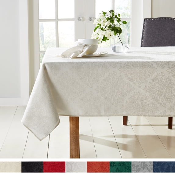 Town & Country Living Lexington Damask Tablecloth-Traditional/Stain Resistant/Machine Washable/Cotton Polyester Blend, 60"x102" Rectangle White