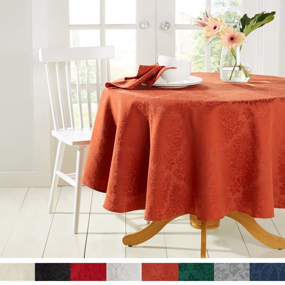 Town & Country Living Lexington Damask Tablecloth-Traditional/Stain Resistant/Machine Washable/Cotton Polyester Blend, 70" Round Rust