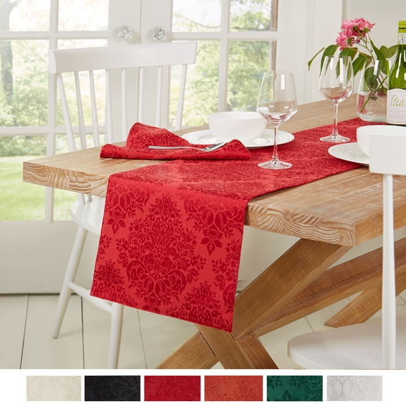 Town & Country Living Lexington Table Runner 15"x72" Rectangle, Stain Resistant Machine Washable Cotton/Polyester, Damask Red