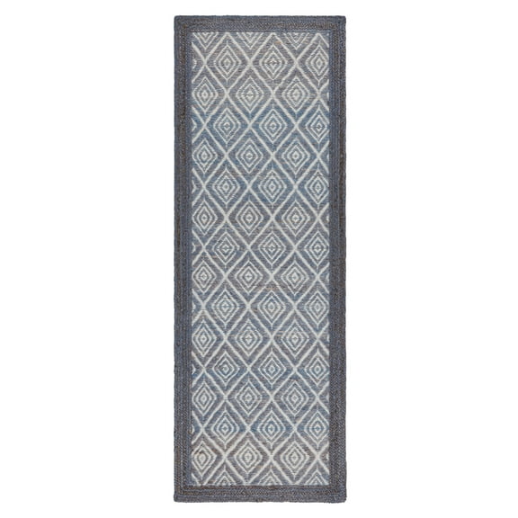 TOWN & COUNTRY TERRA Nalani Textured Diamond Hand-Knotted Flatwoven 100% Natural Jute Runner Area Rug, Midnight Blue, 2'5"x7"