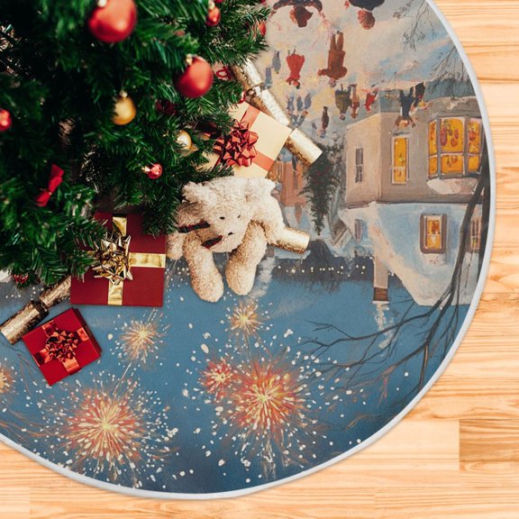 Town Fireworks Blooming Snow Christmas Tree Skirt Xmas Tree Skirt Christmas Decorations Indoor for Holiday Party Decorations