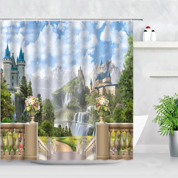 Town Garden Flower Landscape Shower Curtain Waterproof Rural Green Plant Scenery Wall Decor Bathtub Bathroom Curtains With