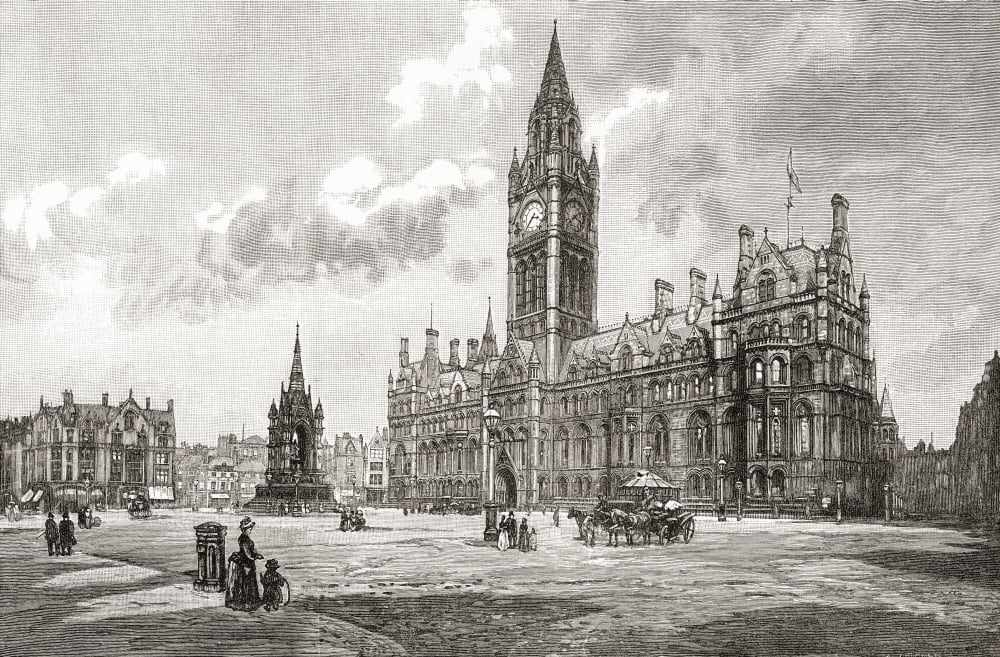 Town Hall Albert Square Manchester England in the 19th century From Cities of the World published c1893 Canvas Art - Ken Welsh Design Pics (34 x 22)