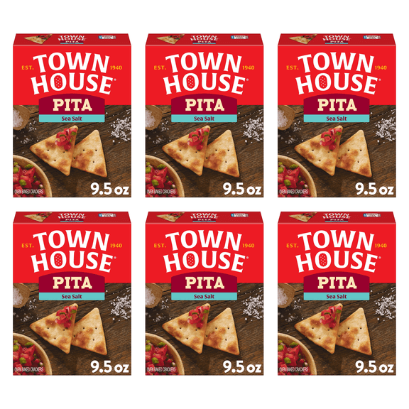 Town House Pita Sea Salt Oven Baked Crackers, Lunch Snacks, 9.5 oz (Pack of 6)