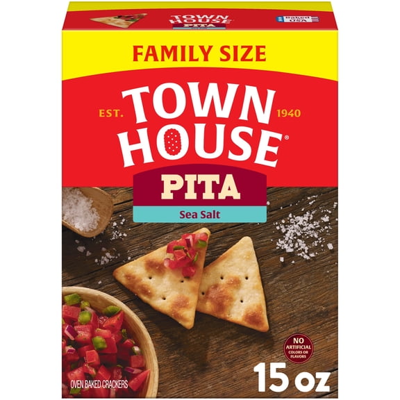 Town House Pita Sea Salt Oven Baked Crackers, Salty Snacks, 15 oz