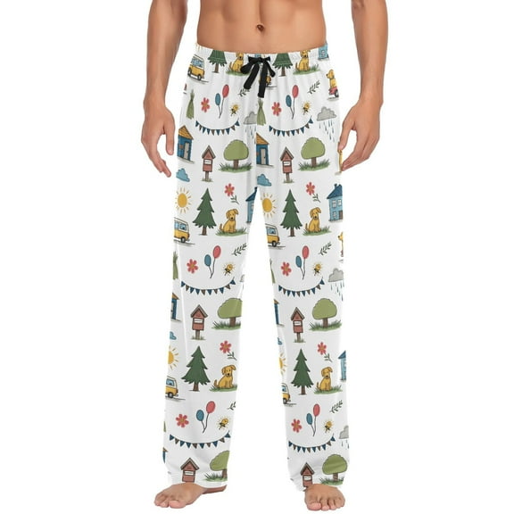 Town Life with Dog Men's Lightweight Pajama Bottoms Stretch Elastic Waist Side Pockets Spring Fall