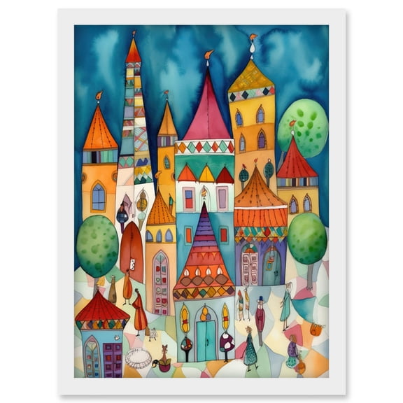 Town Market Square Afternoon Shoppers Folk Art Watercolour Painting Artwork Framed Wall Art Print A4