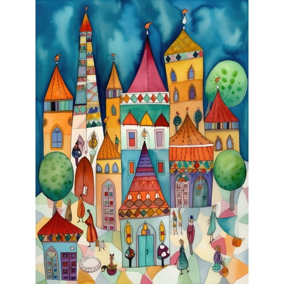 Town Market Square Afternoon Shoppers Folk Art Watercolour Painting Extra Large XL Wall Art Poster Print