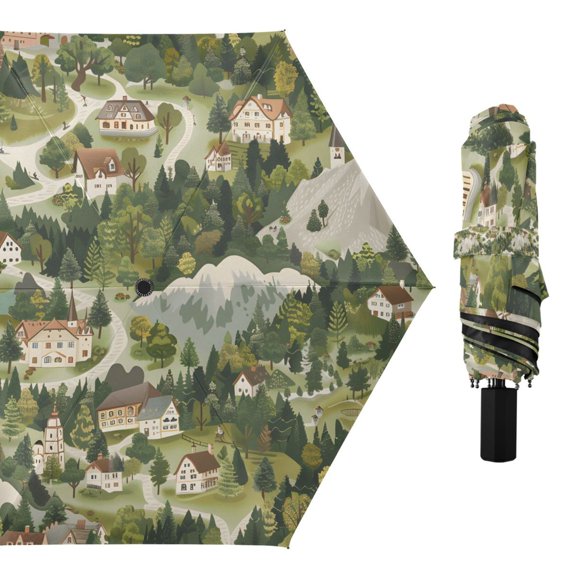 Town Mountains Forests Compact Sun Umbrella Windproof Travel Umbrellas for Rain Strong Portable UV Protection