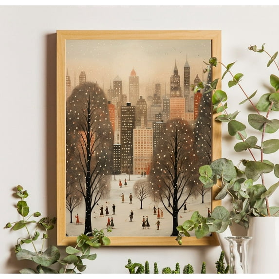 Town Poster, New York Art Poster, Winter Town Wall Art, Seasonal Home Decor, Winter Night Art, Stretched Canvas Size 8x12