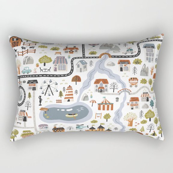 Town Road Map with Ferris Wheel and Lake Lumbar Pillow Case, Polyester Peach Skin, Cover Only Insert Not Included