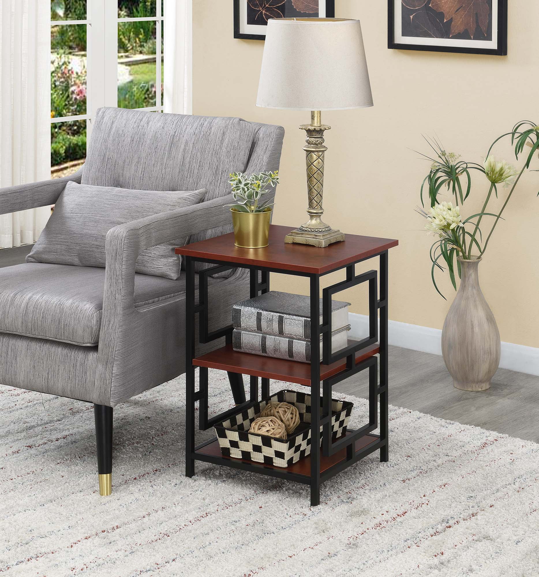 Cherry & Black Square Metal and Wood End Table 16"