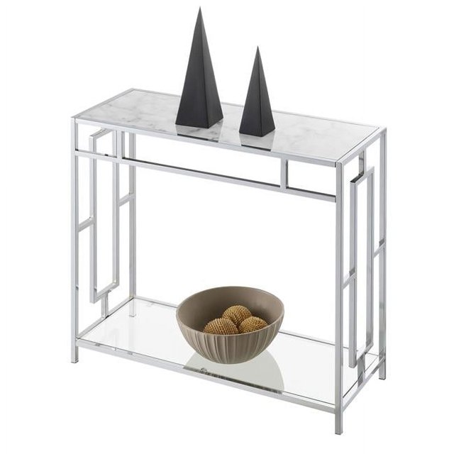 Town Square Faux Marble Glass Hall Table with Shelf, Chrome