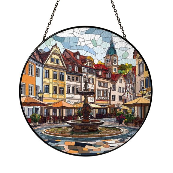 Town Square Fountain Stained Glass Suncatcher Window Decor, Scenic European City Art Glass Window Hanging Ornament, Colorful Fountain Square Decorative Glass Panel for Travel Home Gift