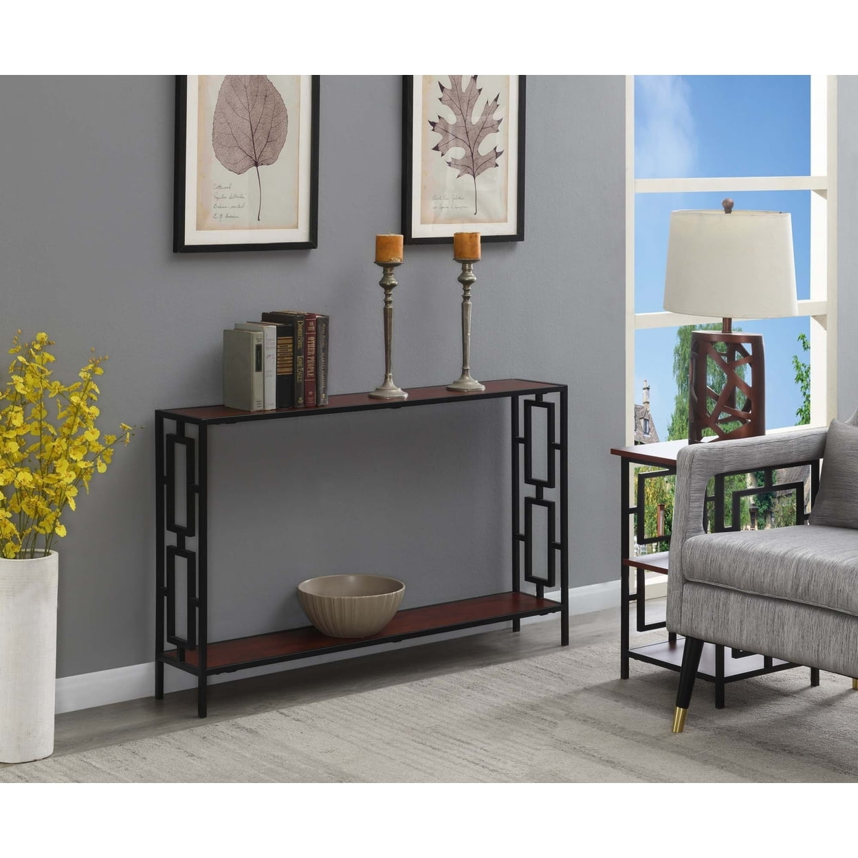 Cherry Wood and Black Metal 48" Console Table with Shelf