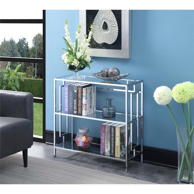 Glamorous Gray Chrome and Clear Glass 3-Tier Bookshelf