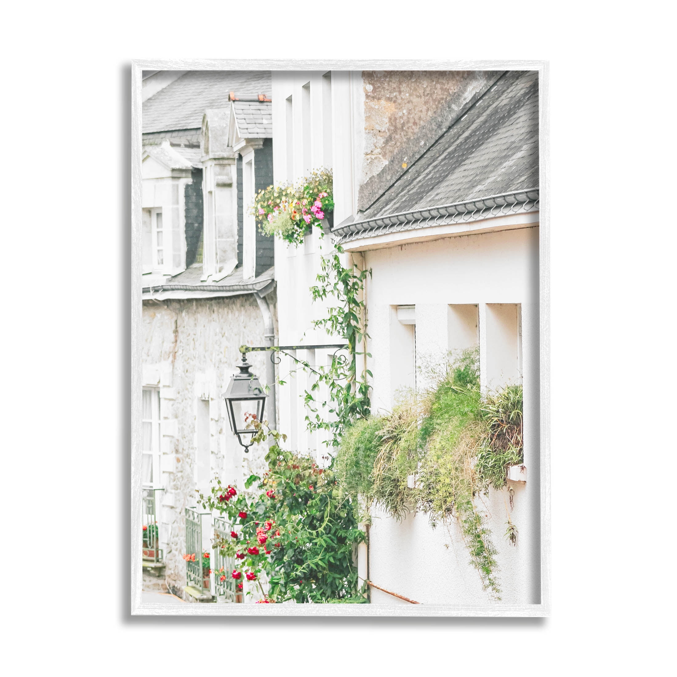 Town Street Blooming Vines Town & City Photograph White Framed Art Print Wall Art