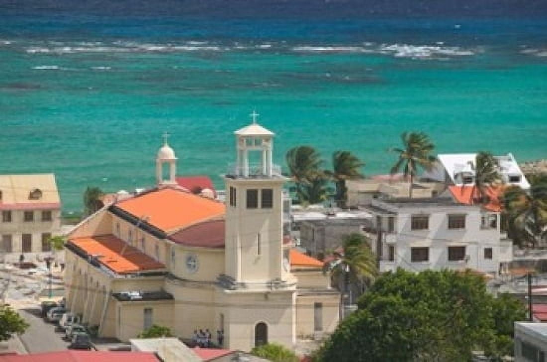 Town View and Church on Marie-Galante Island Guadaloupe Caribbean Canvas Art - Walter Bibikow DanitaDelimont (36 x 24)