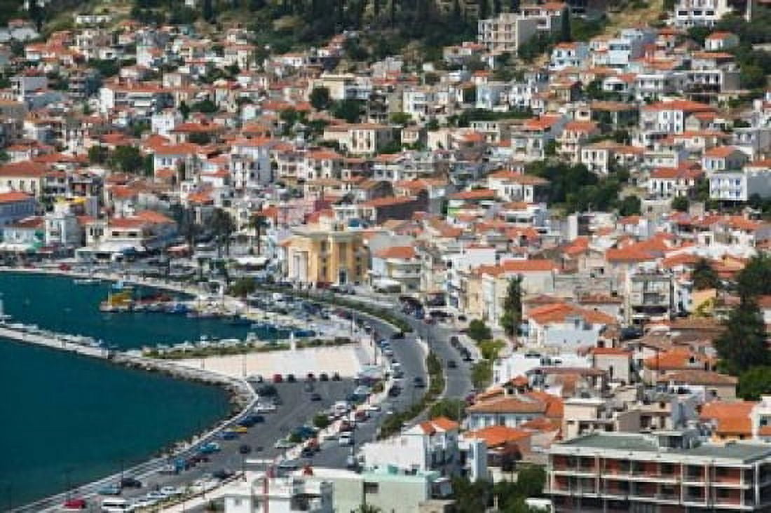 Town View with Harbor Vathy Samos Aegean Islands Greece Canvas Art - Walter Bibikow DanitaDelimont (28 x 19)