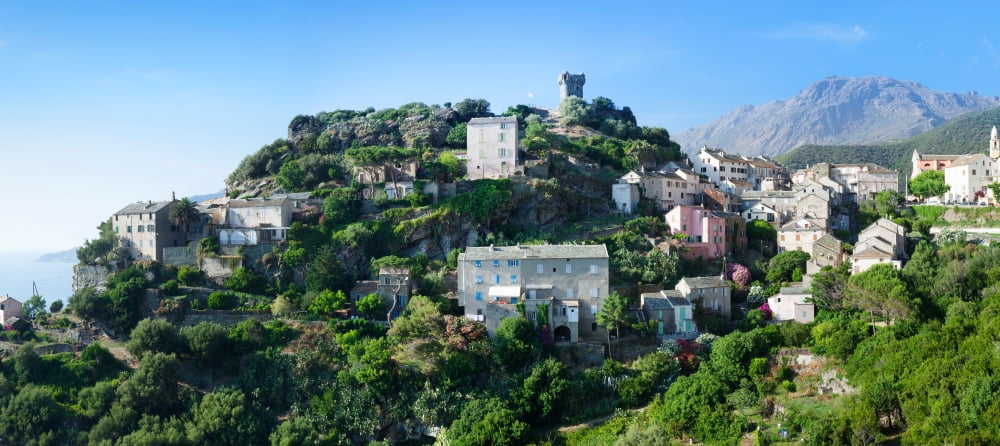 Town at coast Nonza Haute-Corse Corsica France Canvas Art - Panoramic Images (36 x 12)