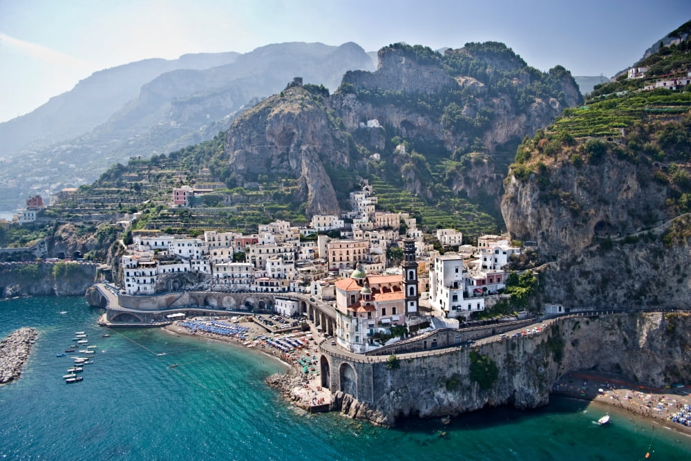 Town at the waterfront Amalfi Atrani Amalfi Coast Salerno Campania Italy Canvas Art - Panoramic Images (27 x 9)