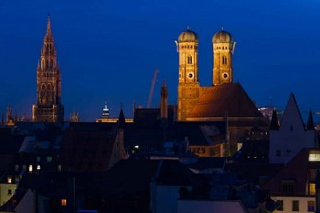 Town hall with a church at night Munich Cathedral New Town Hall Munich Bavaria Germany Canvas Art - Panoramic Images (36 x 24)
