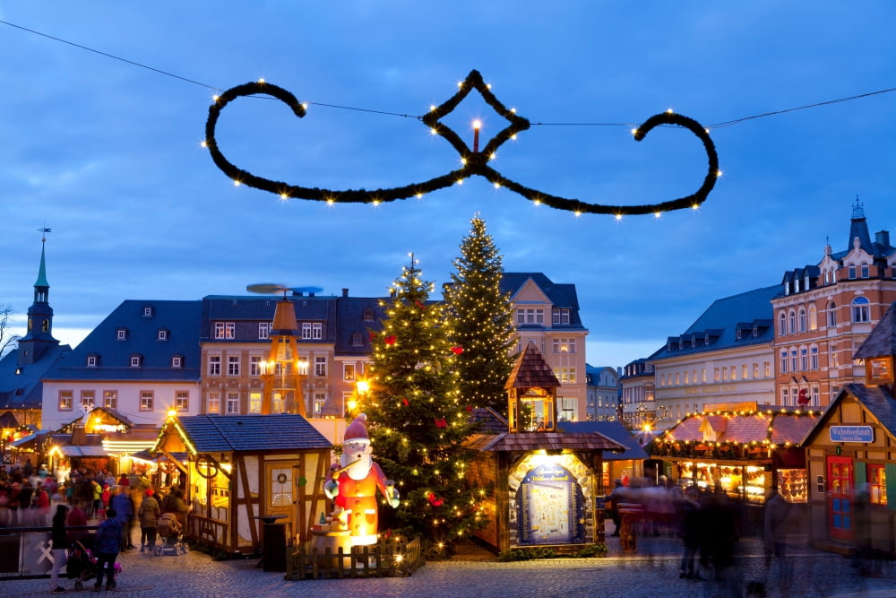 Town lit up at night on Christmas Christmas Market Marktplatz Annaberg-Buchholz Saxony Germany Canvas Art - Panoramic Images (18 x 24)