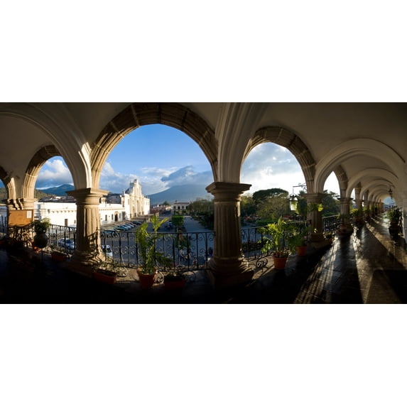 Town viewed through from a palace, Palacio De Los Capitanes Generale, Antigua Guatemala, Guatemala Poster Print (27 x 9)