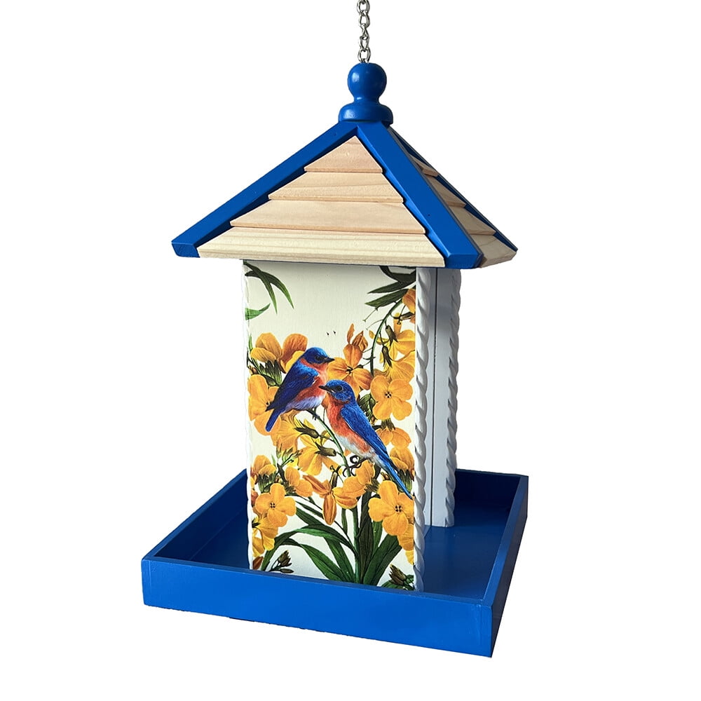 Blue and Natural Hanging Metal and Plastic Bird Feeder
