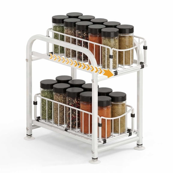 Towond 2-Tier Pull-Out Spice Rack Organizer, Modern Heavy Duty Carbon Steel Slide-Out Cabinet Spice Rack for Kitchen, Countertop & Under Sink Storage, White