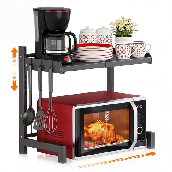 TOWOND Black adjustable microwave stand, expandable countertop organizer with hooks for kitchen appliances