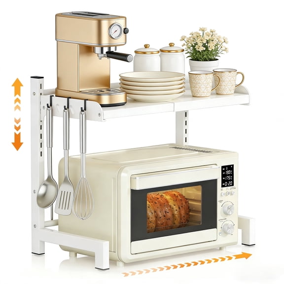 Towond Adjustable Microwave Stand, Countertop Organizer with Hooks, Expandable Shelf for Kitchen Appliances White