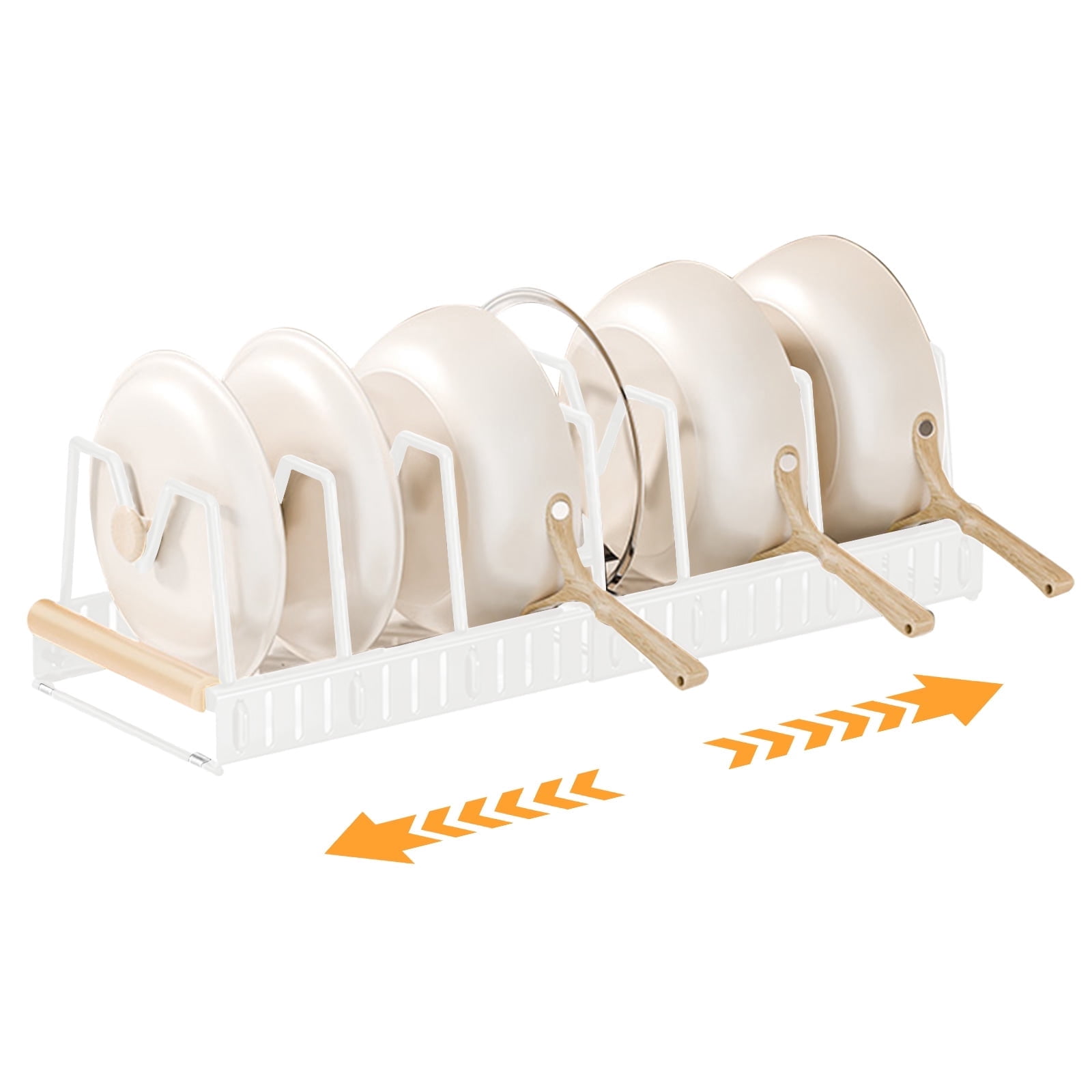 Towond Expandable Pots and Pans Organizer, Metal Pan Lid Organizer with 7 Adjustable Dividers Pot Rack for Kitchen Cabinets, White